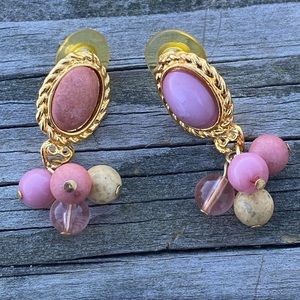 Pink bead dangle earrings gold tone post back fashion earrings